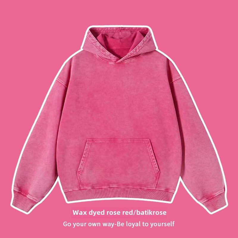 450G Heavy Cotton Washed Hoodie Unisex Casual Loose American Trendy Sweatshirt Custom 9# Batik Rose Red
