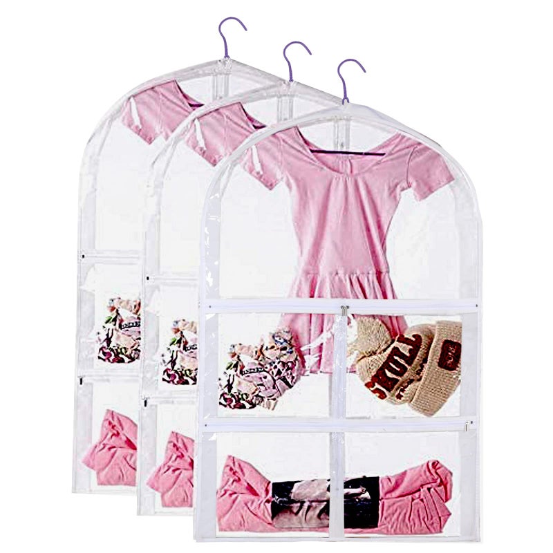 3 Packs Clear Kids Dance Costume Garment BagsGarment Bag 35 Inch for Dance CompetitionsFoldable Travel Storage Cover Bag with 3 Zipper Pockets