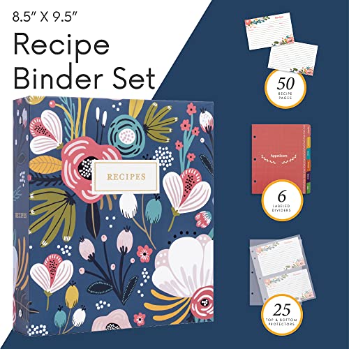 Jot  Mark Jot & Mark 8.5" x 9.5" 3 Ring Recipe Binder with 50 Matching 4x6 inch Recipe Cards, 25 Top & Bottom Binder Sleeve Sheet Protector, 5 Full-Page Undivided Sleeves, 6 Sturdy Divider Tabs, Garden Floral - Image 5
