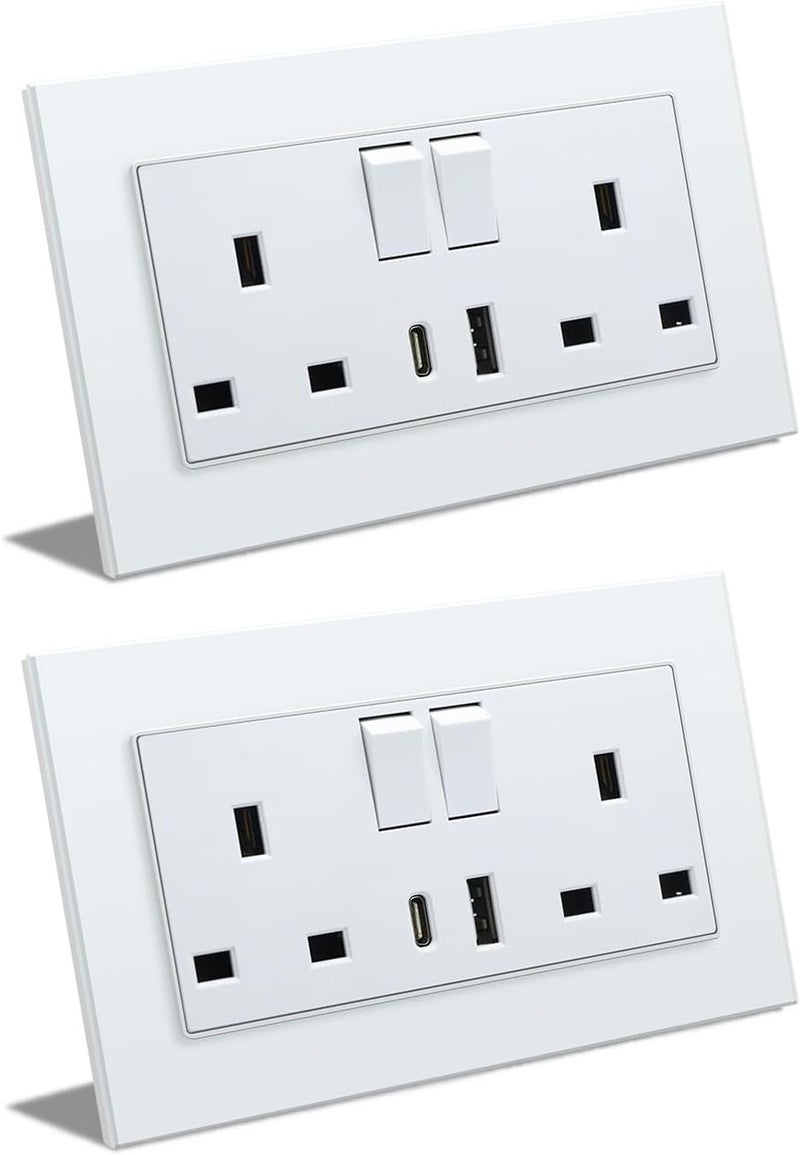 2 Pack Double Switched Wall Socket 2 Gang White with USB C & USB A Charging Ports, 13A Wall Electric Power Socket with Glass Panel - Image 1