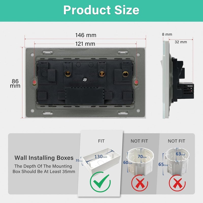 2 Pack Double Switched Wall Socket 2 Gang White with USB C & USB A Charging Ports, 13A Wall Electric Power Socket with Glass Panel - Image 2