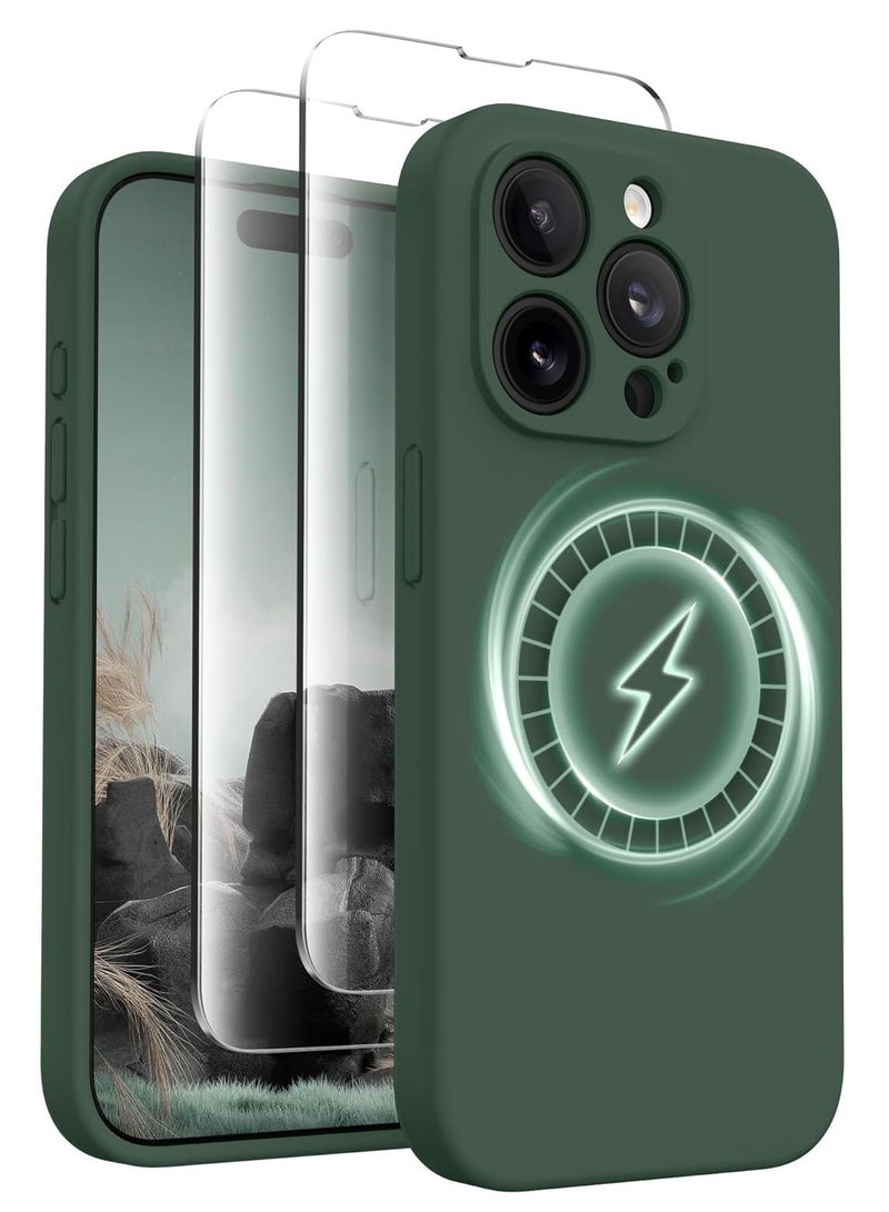 MUNTAQI iPhone 15 Pro Max Case Silicone, Compatible with MagSafe, [Camera Protection][2X Screen Protectors] Slim Shockproof Protective Case, Soft Anti-Scratch Microfiber Lining, Alpine Green - Image 1
