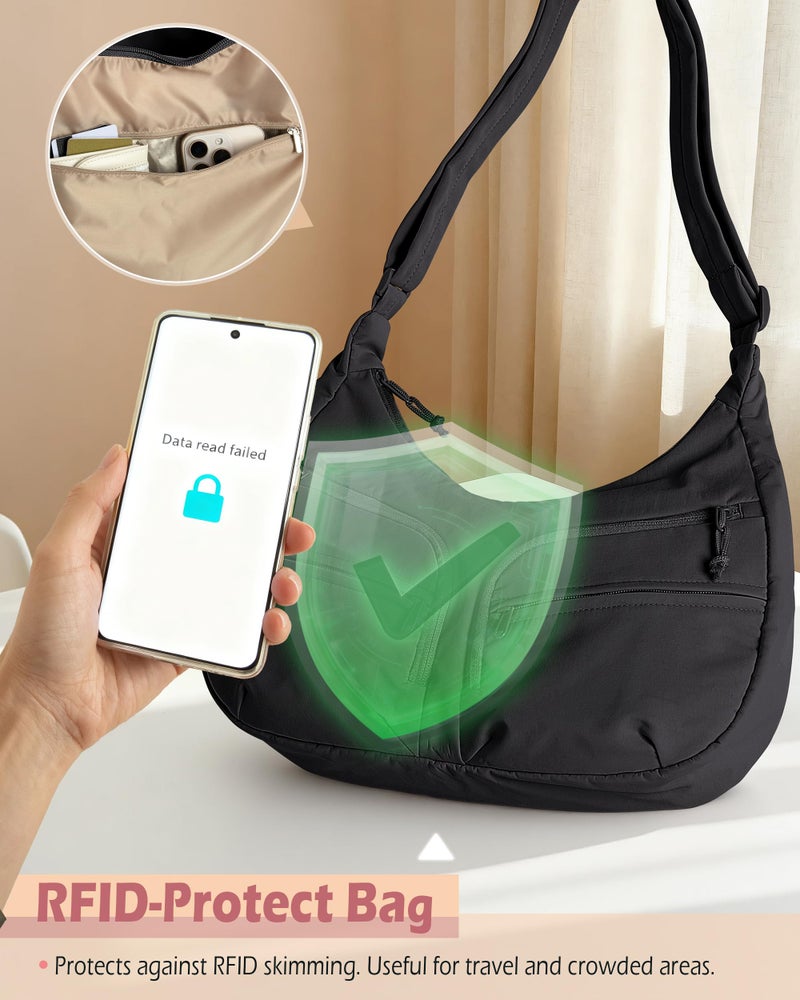 Smasrob Crescent Crossbody Bag with RFID Blocking Pocket and Water Bottle Holder, Slouchy Crossbody Bag with Multiple Pockets, Black - Image 5