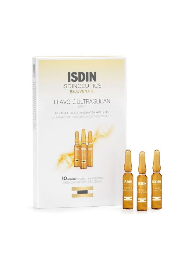 ISDIN سيروم النهار المشرق ومضاد الأكسدة للوجه من إيسدينسيوتيكس فلافو-سي أولترا جليكانيك بفيتامين سي وحمض الهيالورونيك - 10 أمبولات، 0.06 أونصة سائلة × 10 - Image 1