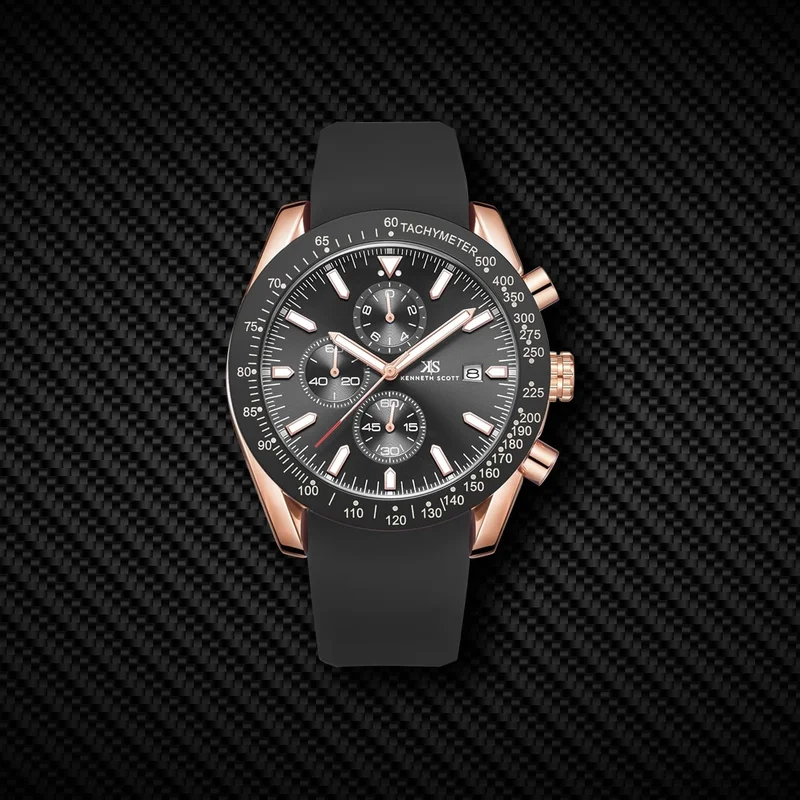 Kenneth Scott Black Kenneth Scott K23148-RSBB Men Chrono & Multi Function Display Watch & Silicone Strap Black for Men | Best Price UAE