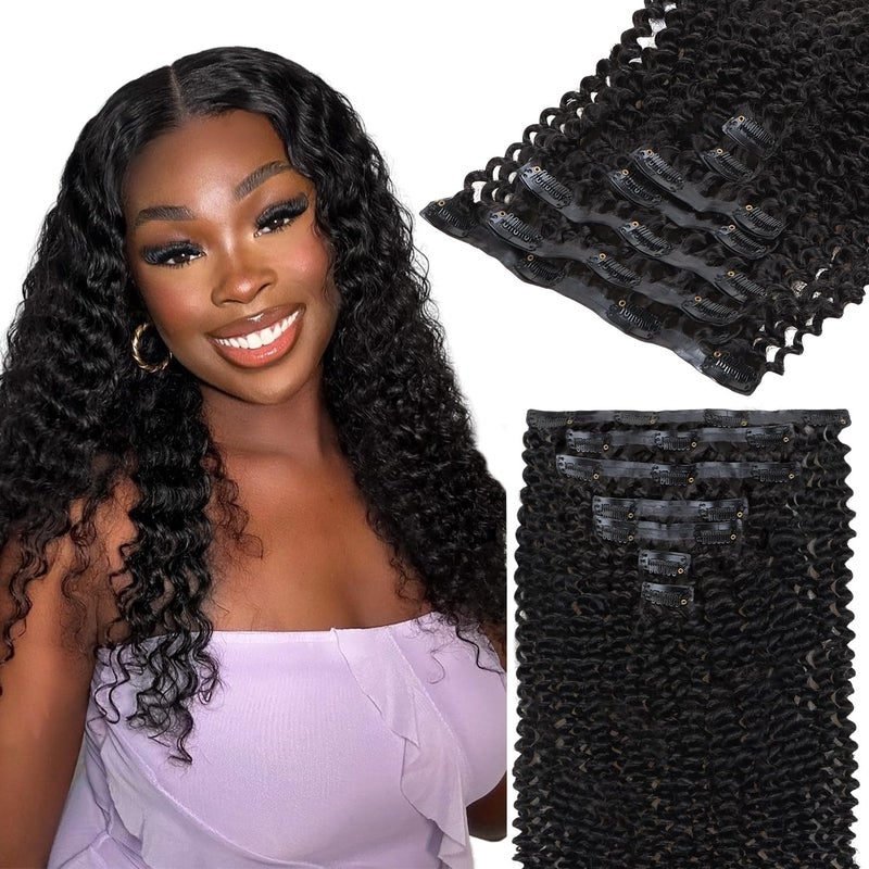 Lashey Kinky Curly Hair Extensions Seamless Clip in Hair Extensions 7pcs 110g Clip in Hair Extensions 14 Inch Real Human Hair Natural Black Clip in Hair Extensions for Black Women - Image 1