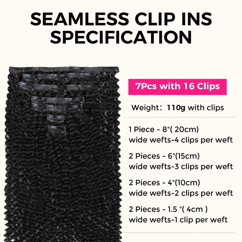 Lashey Kinky Curly Hair Extensions Seamless Clip in Hair Extensions 7pcs 110g Clip in Hair Extensions 14 Inch Real Human Hair Natural Black Clip in Hair Extensions for Black Women - Image 2