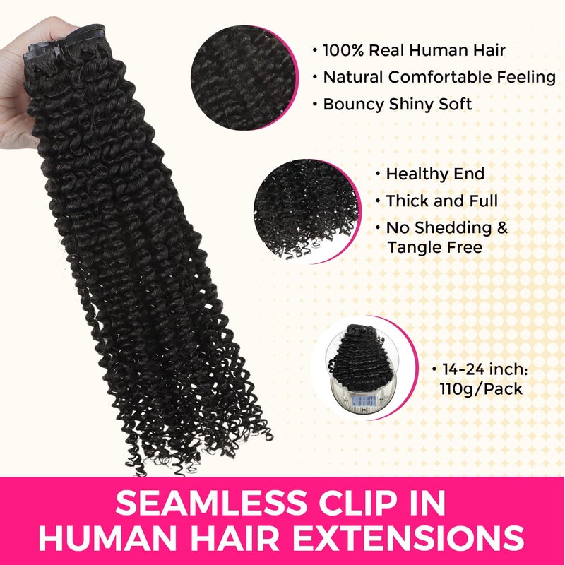 Lashey Kinky Curly Hair Extensions Seamless Clip in Hair Extensions 7pcs 110g Clip in Hair Extensions 14 Inch Real Human Hair Natural Black Clip in Hair Extensions for Black Women - Image 5