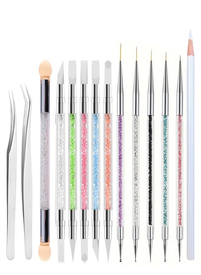 Gmtglla 14 Pcs Nail Art Tool Kit with Silicone Carving Brushes & Ombre Sponge Pen, Professional Dual-Ended Dotting & Liner Tools, Wax Picker Pencil & 2 Tweezers for 3D Nail Design DIY Manicure - Image 1