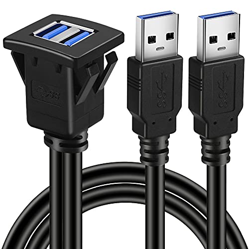 BATIGE Dual Ports Square USB 3.0 Panel Flush Mount Extension Cable with Buckle for Car Truck Boat Motorcycle Dashboard-3ft - Image 1