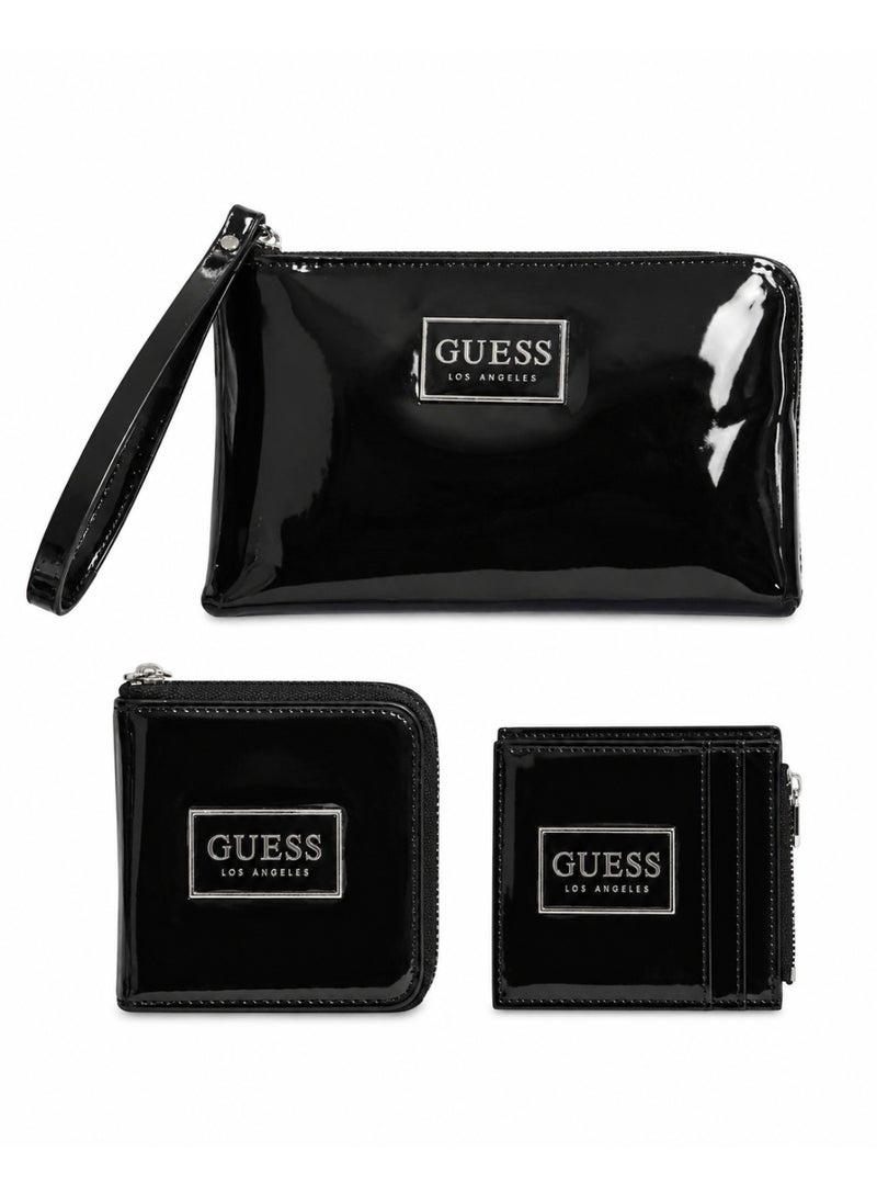 3-Piece Luxury Patent Glossy Leatherette Gift Set With L-Zip Wallet Zippered Card Holder And Wristlet Pouch Black