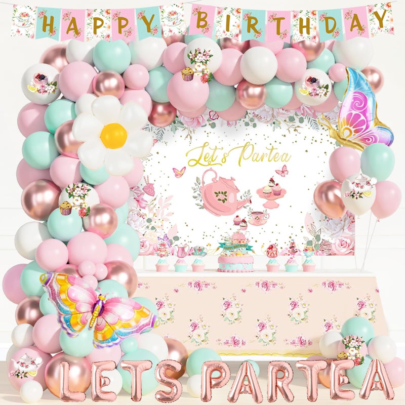 Fiesec Tea Party Birthday Decorations 148 PCs Lets Partea Backdrop Balloon Flower Cutout Banner Tablecloth Cake Cupcake Topper Butterfly Floral Spring Summer Tea for Two Birthday Dcor