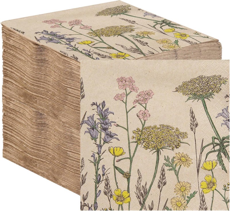 Talking Tables Table Kind 100 x Soft Recycled Floral Napkins Wildflower Soft Paper Napkins Pretty Wild Flower Serviettes for Spring Eco Friendly, Everyday & Compostable Weddings, Tea Party, Birthday Natural Kraft - Image 1