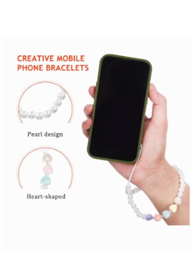 واي جيه حبل هاتف محمول من اللؤلؤ مكوَّن من قطعتين، حبل هاتف مزين باللؤلؤ للحب مع سوار معصم لمنع فقدان الهاتف، قلادة مفاتيح محمول عصرية وجميلة، وزينة محفظة للنساء والفتيات - Image 3