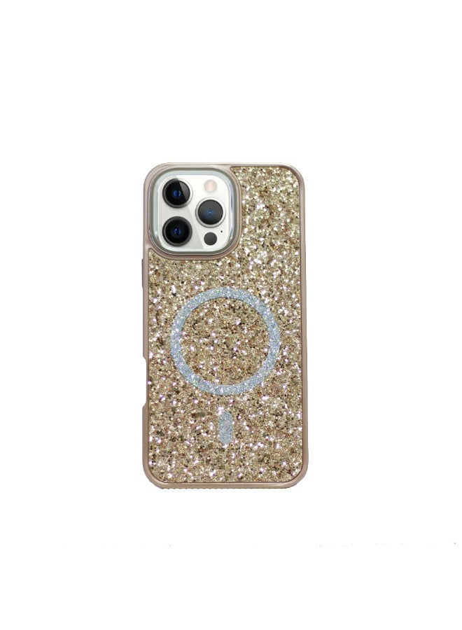 Compatible with Luxury Magnetic Glitter Shockproof Case for iPhone 16 Pro Max | Elegant Crystal Design | Slim Fit | Scratch-Resistant Cover - Gold