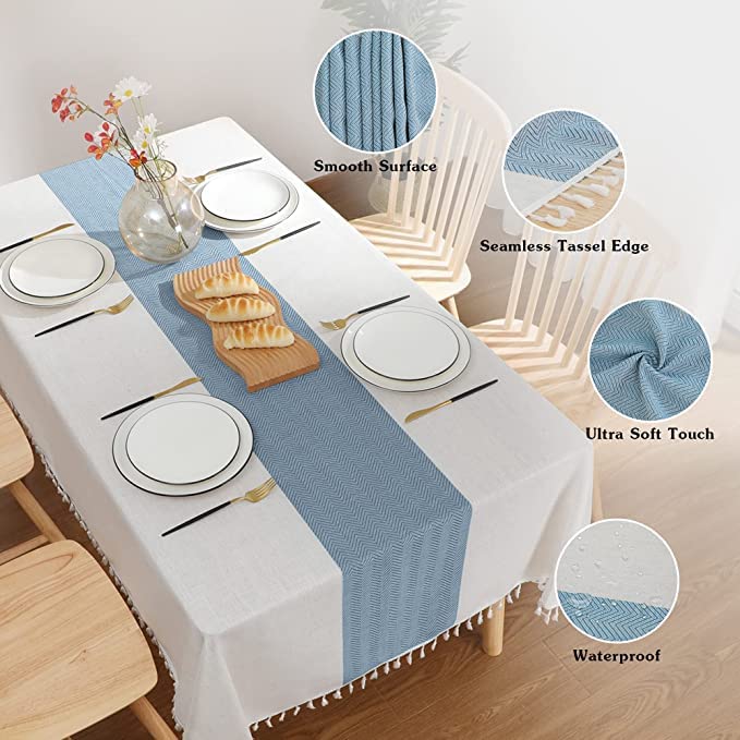 Jia le JIALE Tablecloths for Rectangle Tables,Cotton Linen Table Cloth Waterproof Tablecloth Wrinkle Free Farmhouse Dining Tables Cover,Soft Fabric Table Cloths with Tassels, Blue,55" X 70",4-6 Seats - Image 2