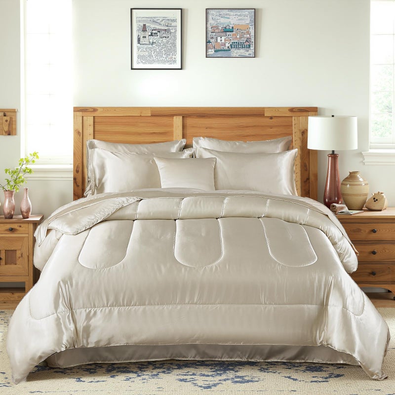 Bedding_Dreamer Beige Silky Comforter Set Satin Queen Bed in a Bag 8 Pieces Luxury Hotel Silky Bedding with 1 Comforter 1 Flat Sheet 1 Fitted Sheet 4 Pillowcases 1 Cushion Cover Queen Beige