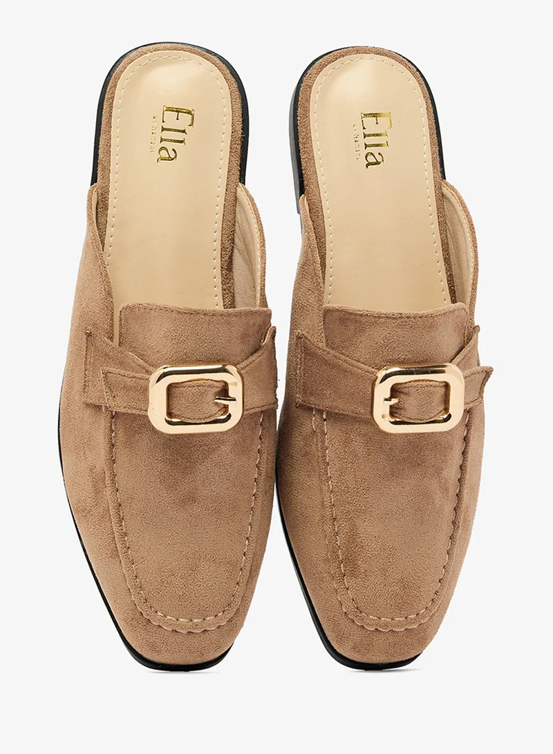 Ella Beige Classic Suede Mules With Gold Hardware for Women | Best Price UAE