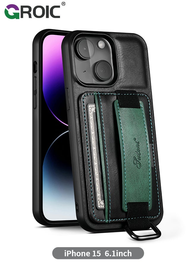 GROIC حافظة هاتف بتصميم لهاتف iPhone 15 مع غطاء واقٍ بمسند حزام معصم قابل للتعديل، وفتحة للبطاقات، وغطاء هاتف نحيف مضاد للصدمات لهاتف iPhone 15 6.1 بوصة - Image 1