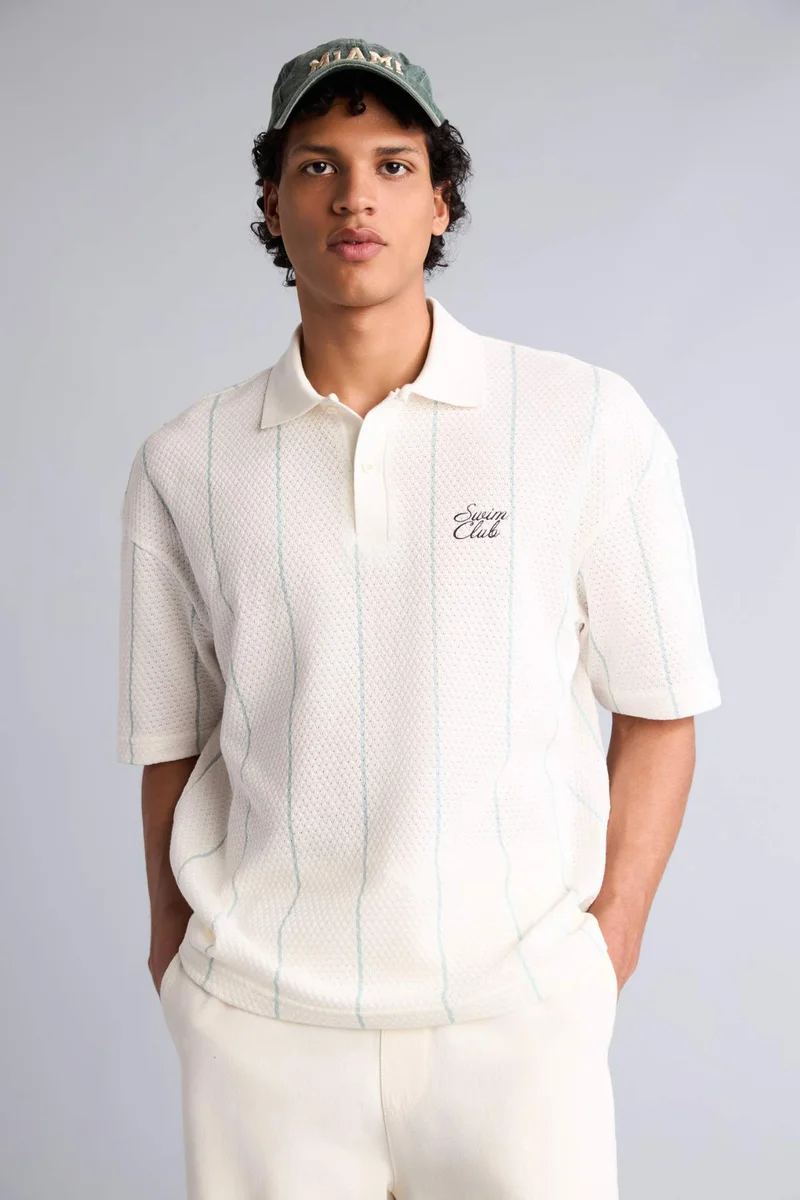 DeFacto Loose Fit Polo Collar Slogan Short Sleeve Polo T-Shirt