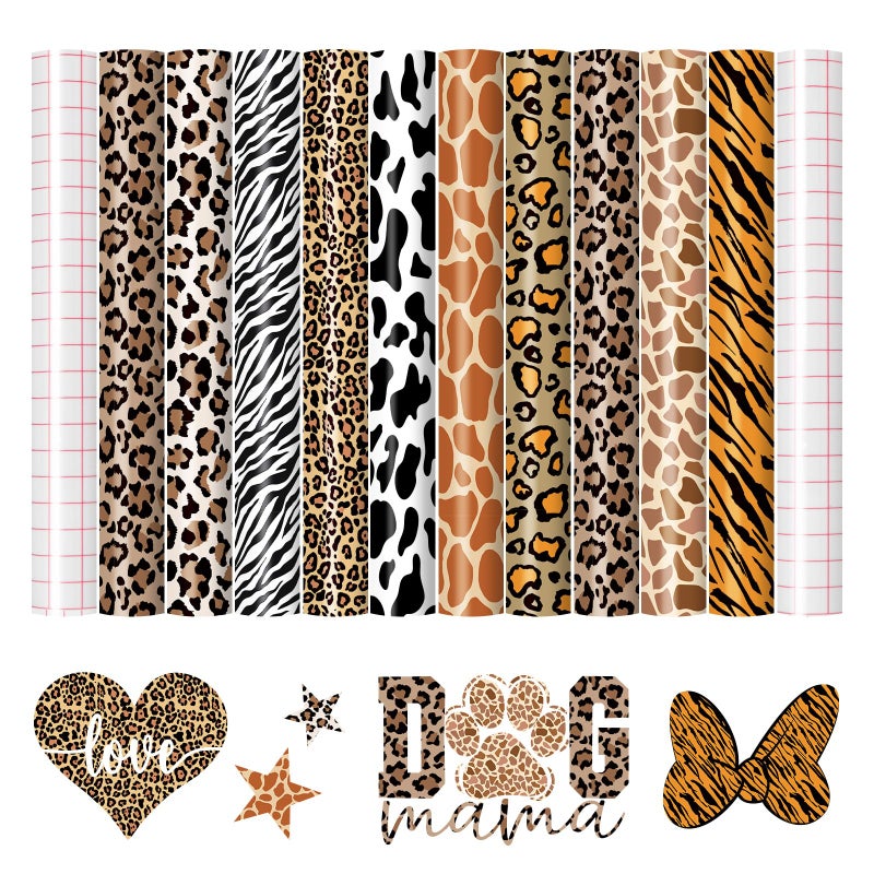 HTVRONT Leopard Permanent Vinyl - 10 Pack 12"X10" Animal Pattern Permanent Vinyl Sheets & 2 Transfer Paper,Cheetah Cow Print Adhesive Sheets for All Crafting Projects - Image 1