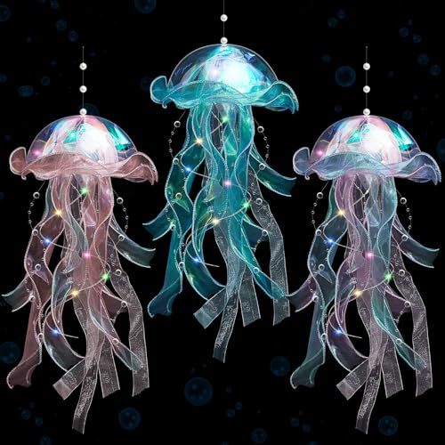 Rossesay 3 Pcs Jellyfish Lamp Colorful Jelly Fish Light Hanging Jellyfish Decorations LED Lantern for Birthday Under Sea Mermaid Wedding DecorBlue Purple Pink - Image 1