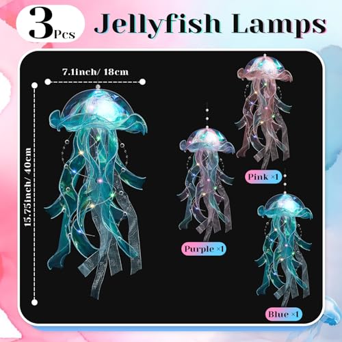 Rossesay 3 Pcs Jellyfish Lamp Colorful Jelly Fish Light Hanging Jellyfish Decorations LED Lantern for Birthday Under Sea Mermaid Wedding DecorBlue Purple Pink - Image 3