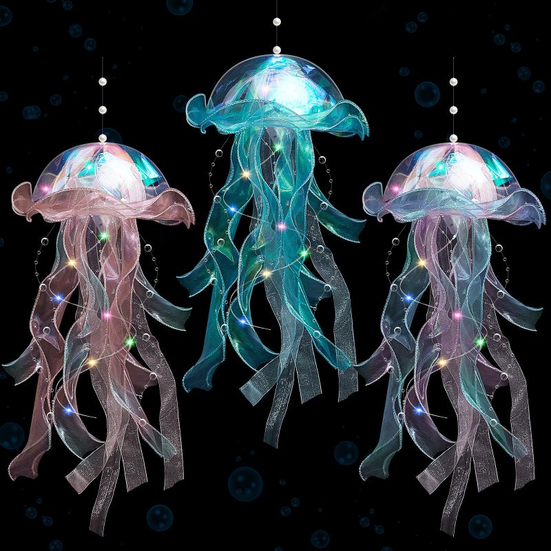 Rossesay 3 Pcs Jellyfish Lamp Colorful Jelly Fish Light Hanging Jellyfish Decorations LED Lantern for Birthday Under Sea Mermaid Wedding DecorBlue Purple Pink - Image 2