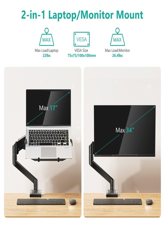 WALI Laptop Desk Mount, 2-in-1 Monitor Mount with Adjustable Laptop Tray, Fits Max 17" Notebook and 34" Computer Screen, Max Holds 22-26.4 lbs, Single Monitor Laptop Stand for Desk (GSMP001NLP), Black - Image 2