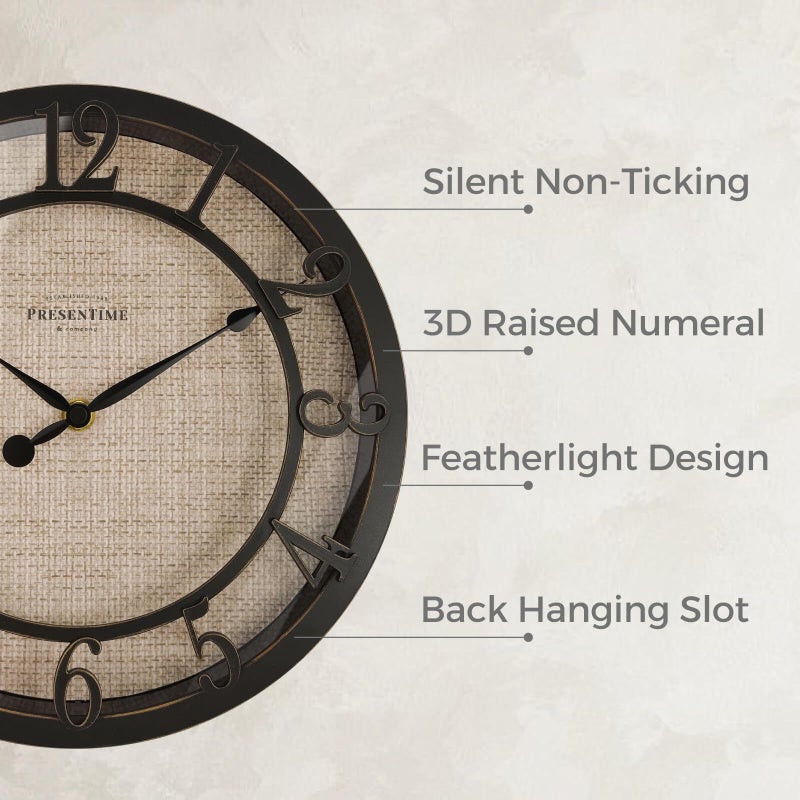 Presentime & Co 10" Farmhouse Series Wall Clock, Cottage Style, Faux Burlap Design, Silent no Ticking, Oil Rubbed Bronze Finish - Image 2