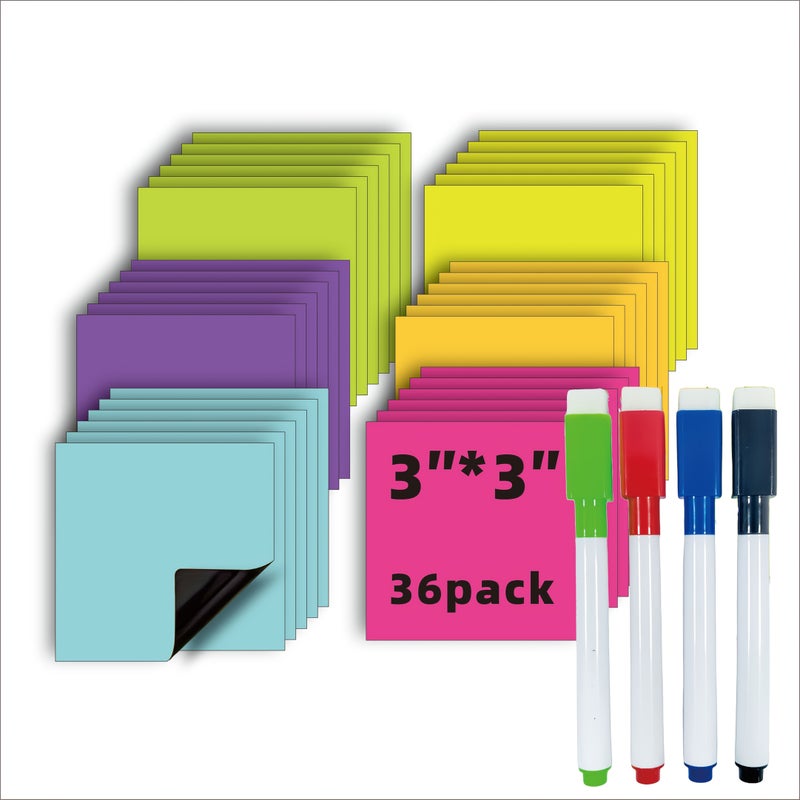 36 Reusable Magnetic Sticky Notes 3x3 Inches Erasable Labels with 4 Markers for Whiteboards Refrigerators Lockers Office Classroom Organization Home Reminders 24 Piece Set Including 4 Pens Colorful Magnetic Sticky Notes - Image 1