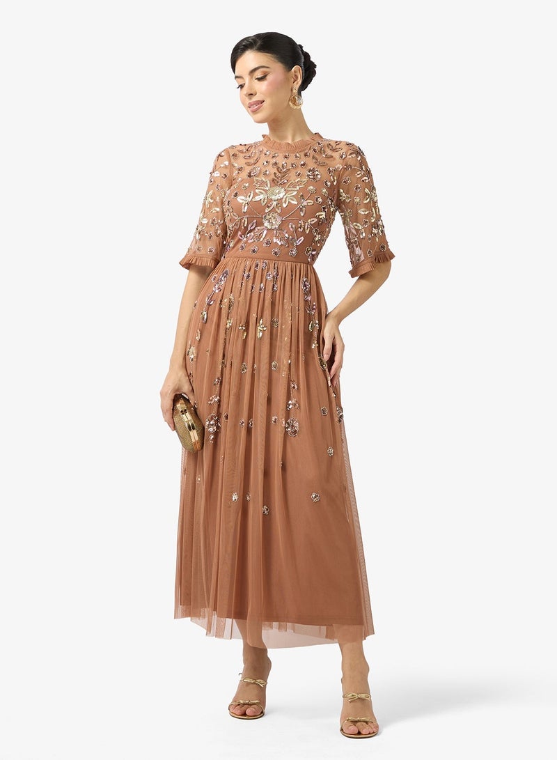 فروك اند فرل فستان ميدي بياقة مستديرة مطرز - Image 1