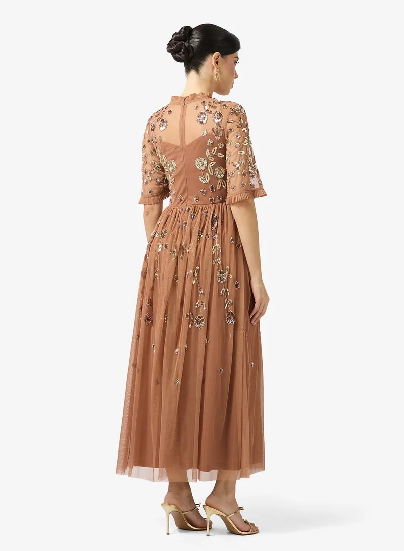 Frock and Frill Embroiderd Crew neck midi dress