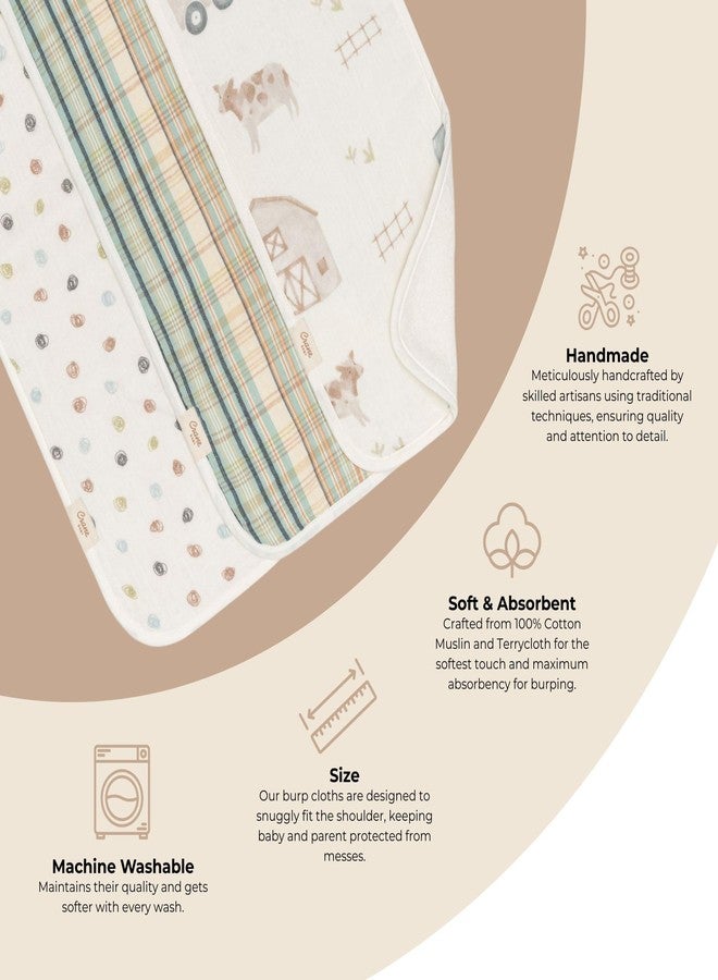 Crane Baby Burp Cloths Set, 3-pc. Charlie Farmhouse Tractor Collection, Soft 100% Cotton Muslin Burp Cloths for Baby Boys and Girls, Farm Nursery Décor - Image 2
