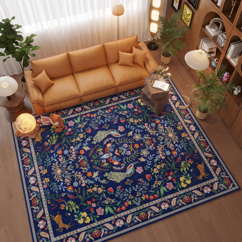 Rugcomf 9x12 Area Rugs for Living Room Washable Rug Floral Non-Slip Large Rug for Living Room, Bedroom, Farmhouse, Dining Room, Kids Playroom (Blue) - Image 3