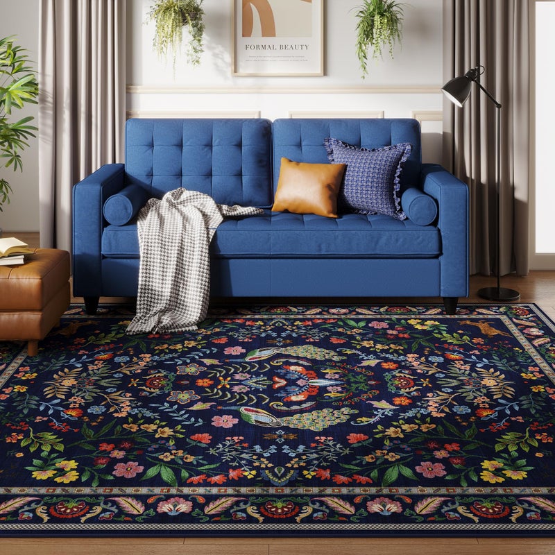 Rugcomf 9x12 Area Rugs for Living Room Washable Rug Floral Non-Slip Large Rug for Living Room, Bedroom, Farmhouse, Dining Room, Kids Playroom (Blue) - Image 5