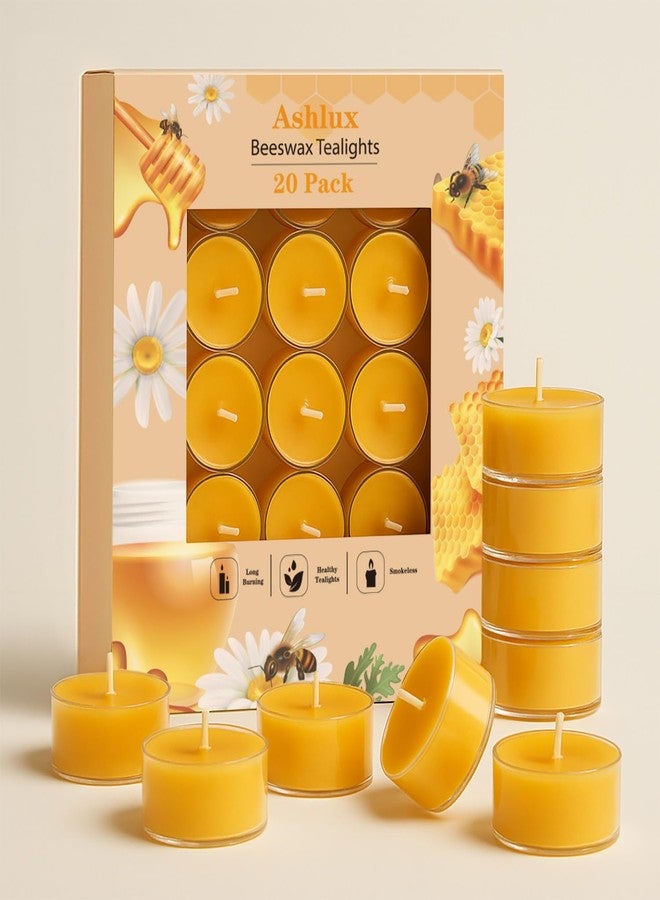 Ashlux Unscented Beeswax Tea Lights Candles 20 Pack, 4 Hours Long Burning Handmade Yellow Tealight Candles, Clear Cup Smokeless Beeswax Candles for Wedding, Christmas Lights, Centerpiece & Home Decor - Image 1
