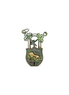 BHAVIKA DECOR BHAVIKA DECOR Brass Lion Padlock Vintage Style Antique Security Lock Functional Pad Lock with 2 Keys Green  - Image 1