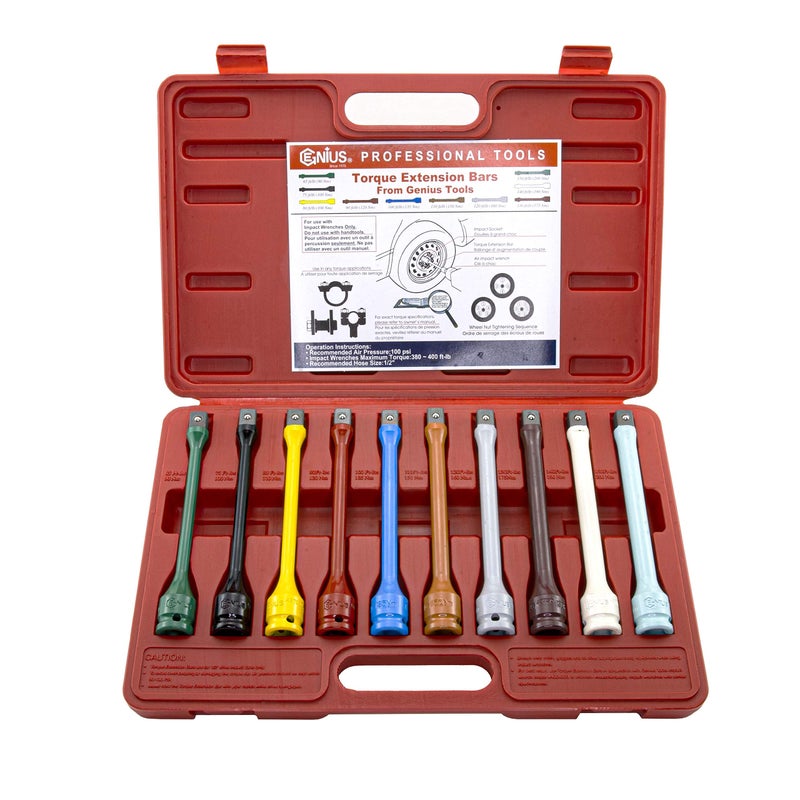 Genius Tools TO410EXT 10 Piece 12 Drive Torque Extension Bar Set ColorCoded 60 ftlbs150 ft lbs