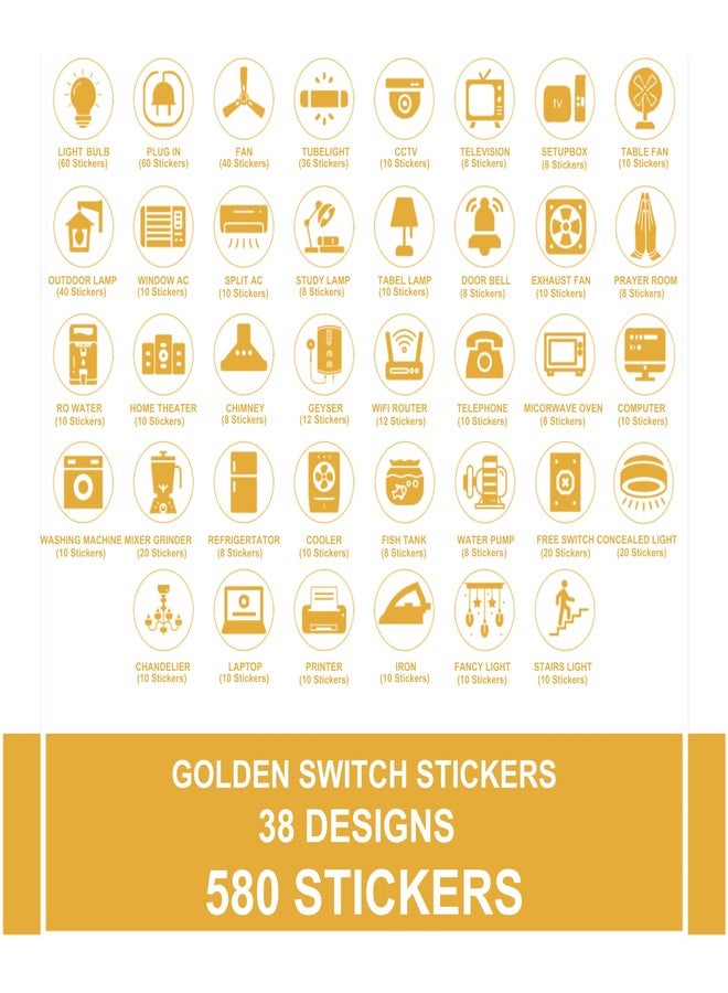 Pinaco India Switch Board Stickers - 580 Stickers, 40 Unique Designs | Decorative Stickers for Switches, Home & Office, Easy-to-Apply Stickers for Switches, Waterproof Vinyl 1.5 cm (Golden) - Image 2