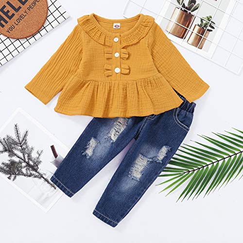 Saeaby Baby Girl Clothes 6-9 Months Fall Outfits Ruffle Long Sleeve Shirt Ripped Denim Jeans Pants Infant Girl Clothes 6-12 Months Yellow - Image 3