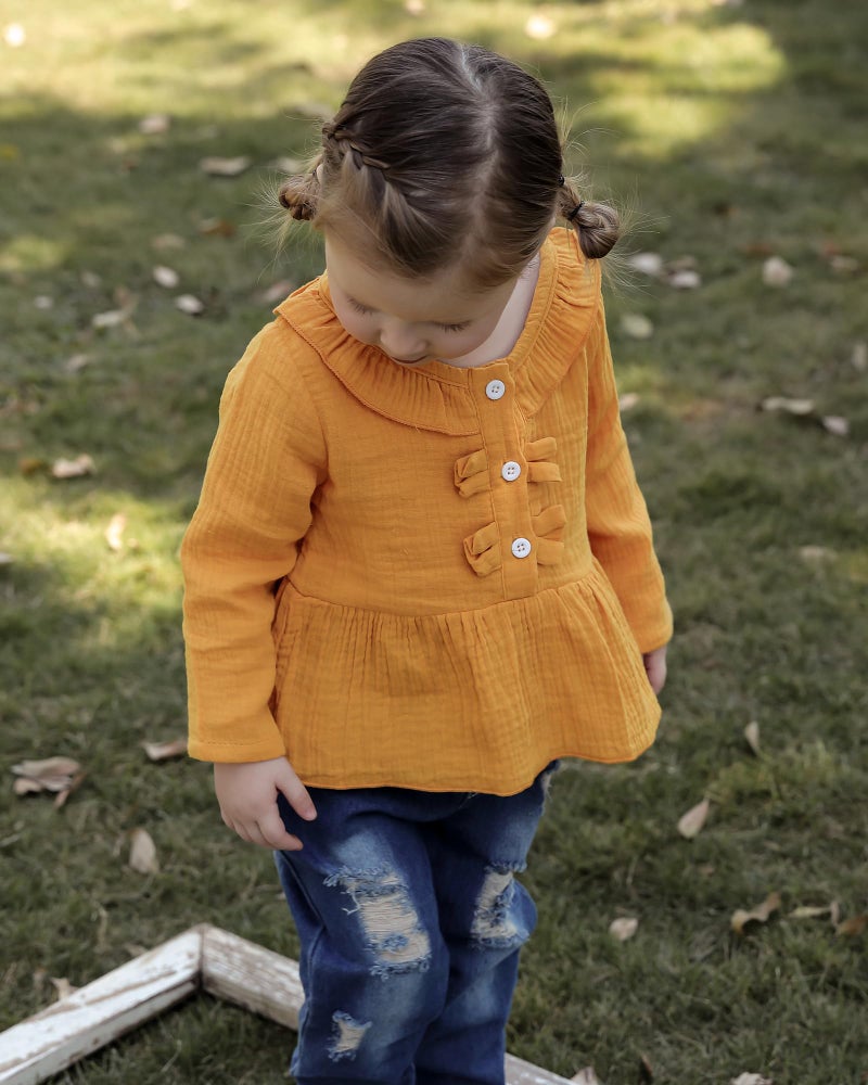 Saeaby Baby Girl Clothes 6-9 Months Fall Outfits Ruffle Long Sleeve Shirt Ripped Denim Jeans Pants Infant Girl Clothes 6-12 Months Yellow - Image 2