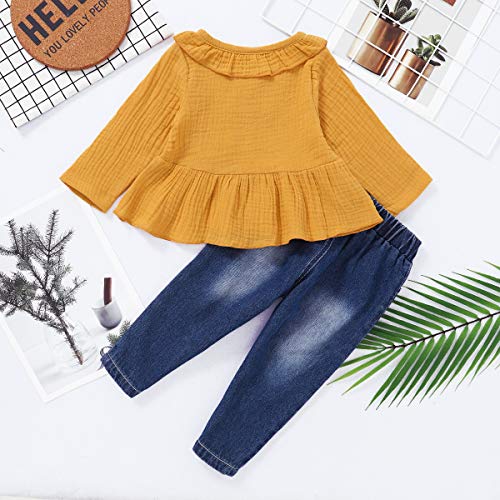 Saeaby Baby Girl Clothes 6-9 Months Fall Outfits Ruffle Long Sleeve Shirt Ripped Denim Jeans Pants Infant Girl Clothes 6-12 Months Yellow - Image 4