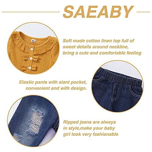 Saeaby Baby Girl Clothes 6-9 Months Fall Outfits Ruffle Long Sleeve Shirt Ripped Denim Jeans Pants Infant Girl Clothes 6-12 Months Yellow - Image 5
