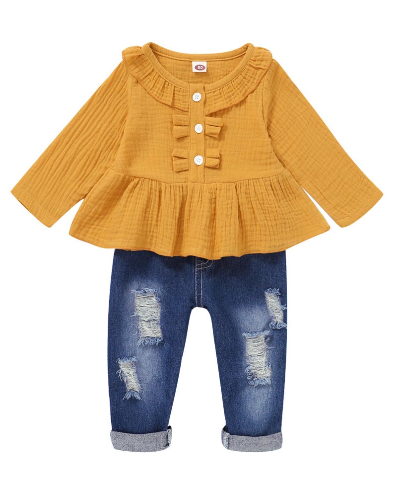 Saeaby Baby Girl Clothes 6-9 Months Fall Outfits Ruffle Long Sleeve Shirt Ripped Denim Jeans Pants Infant Girl Clothes 6-12 Months Yellow - Image 1