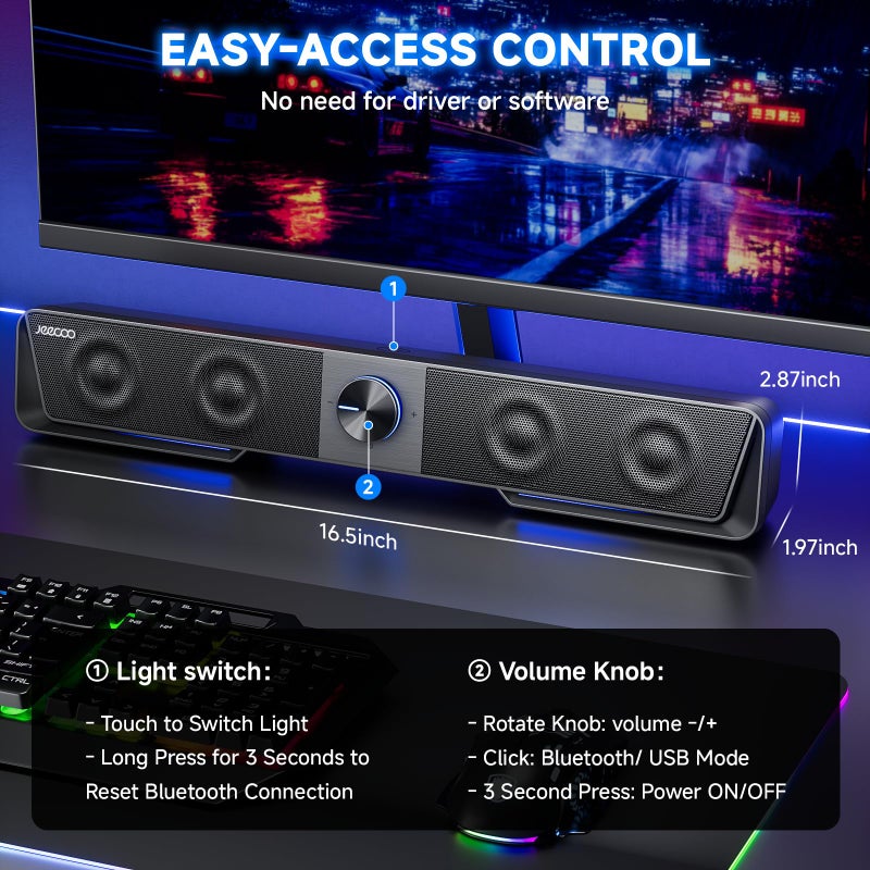 Jeecoo A40 Bluetooth Computer Speakers with Clear Sound, USB Plug & Play PC Speakers with LED Light, Computer Sound Bar with Switch Button for Desktop Laptop Monitor (USB-C Adapter Included) - Image 5