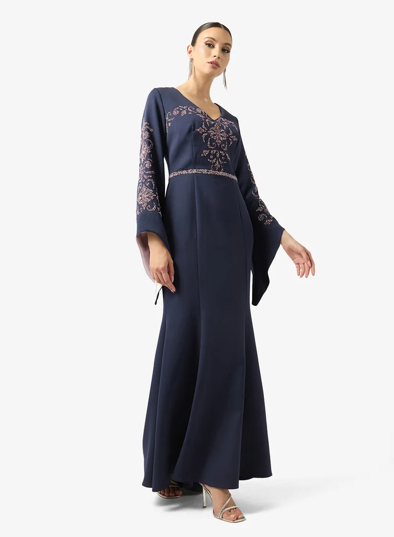 فايور Navy Embroidered Flared Sleeve Maxi Dress