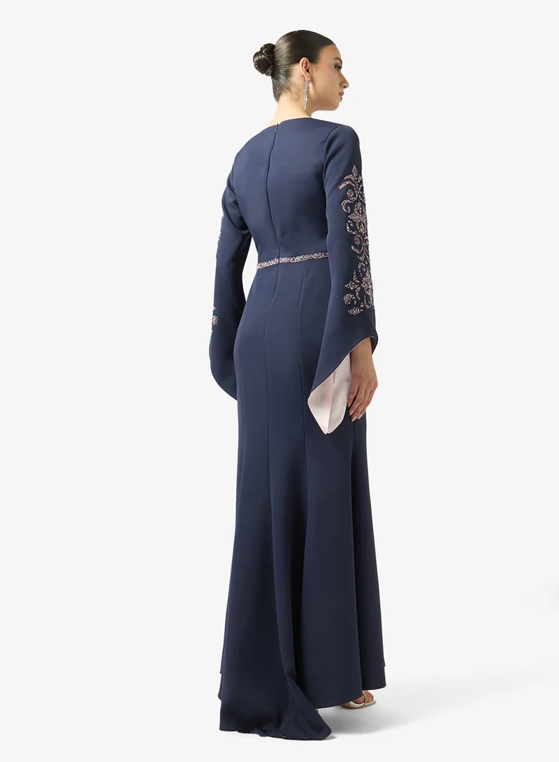 فايور Navy Embroidered Flared Sleeve Maxi Dress
