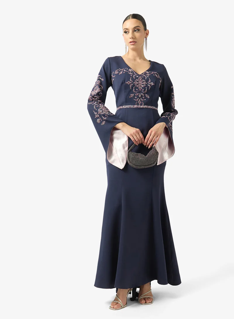 Fyor  Navy Embroidered Flared Sleeve Maxi Dress for Women | Best Price UAE