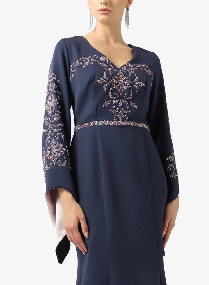Fyor  Navy Embroidered Flared Sleeve Maxi Dress for Women | Best Price UAE